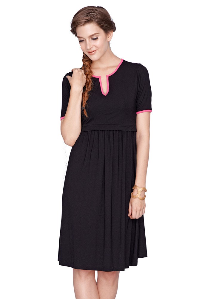 Sachi Nursing Dress (Black with Hot Pink Piping)