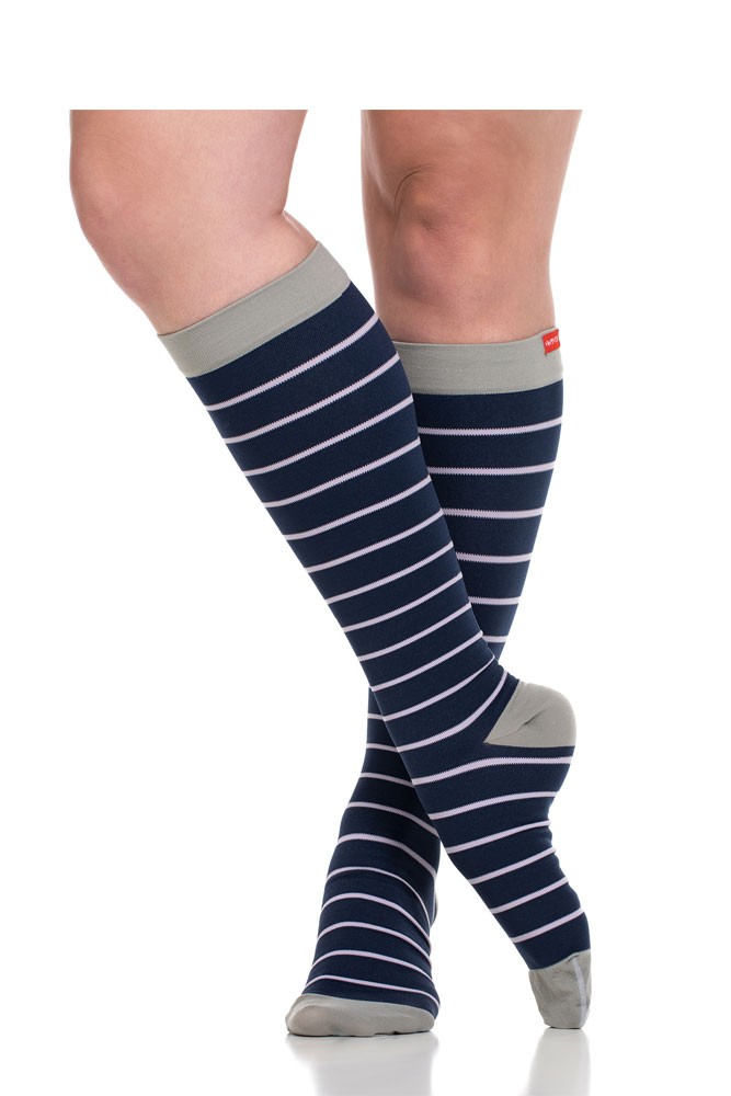 Vim & Vigr 15-20 mmHg Women's Stylish Compression Socks - Nylon (Blue & Lavender Stripes)