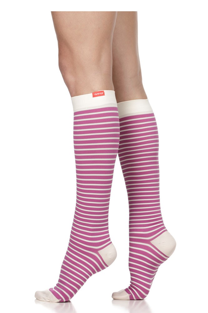 Vim & Vigr 15-20 mmHg Women's Stylish Compression Socks - Nylon (Raspberry & Cream Stripe)