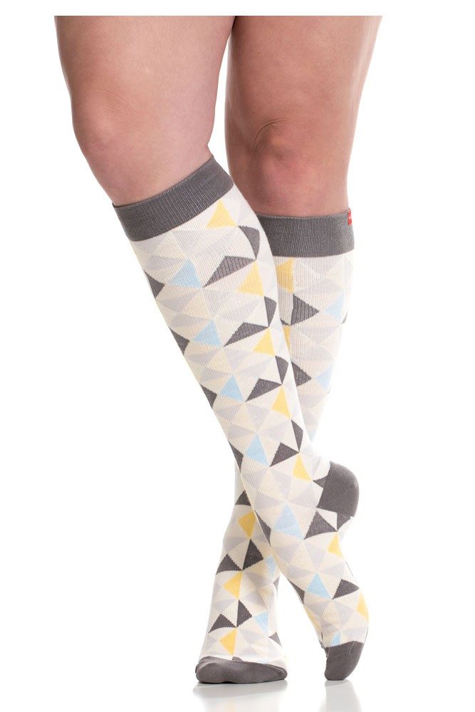 Vim & Vigr 15-20 mmHg Women's Stylish Compression Socks - Cotton (Modern Triangle Grey/Gold)