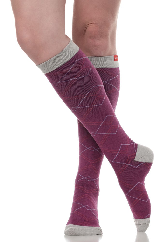 Vim & Vigr 15-20 mmHg Women's Stylish Compression Socks - Cotton (Raspberry & Grey Diamonds)