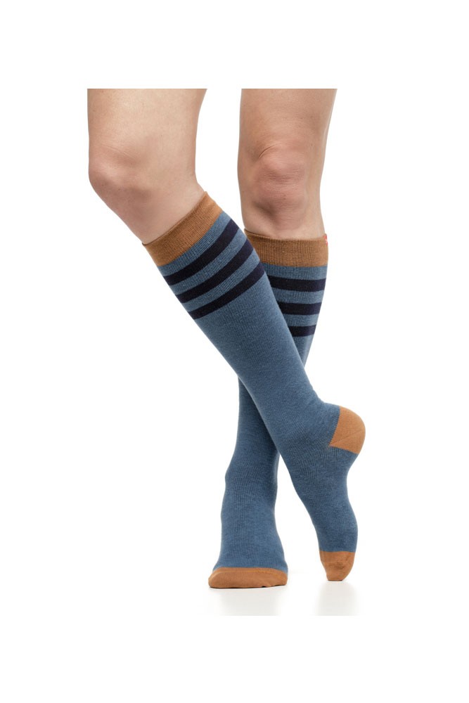 Vim & Vigr 15-20 mmHg Women's Stylish Compression Socks - Cotton (Rugby Stripe: Evening & Camel)