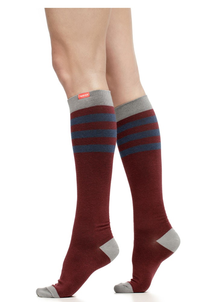 Vim & Vigr 15-20 mmHg Women's Stylish Compression Socks - Cotton (Rugby Stripe: Burgundy & Navy)