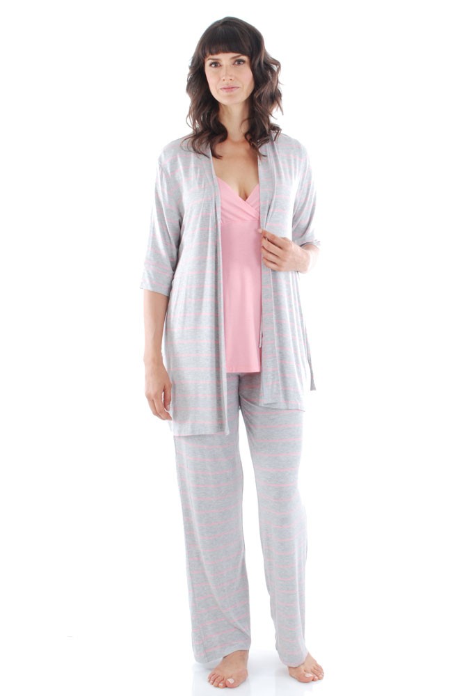 Roxanne 5 Piece Maternity and Nursing PJ Pant Set with Robe with Gown (Rose Bud)