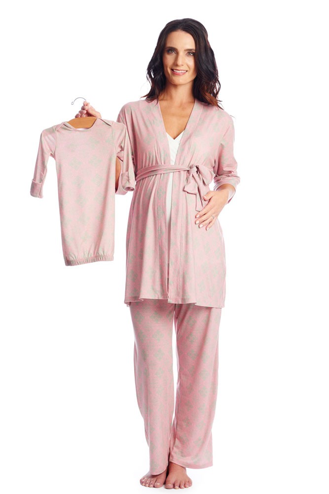 Roxanne 5 Piece Maternity and Nursing PJ Pant Set with Robe with Gown (Vintage)