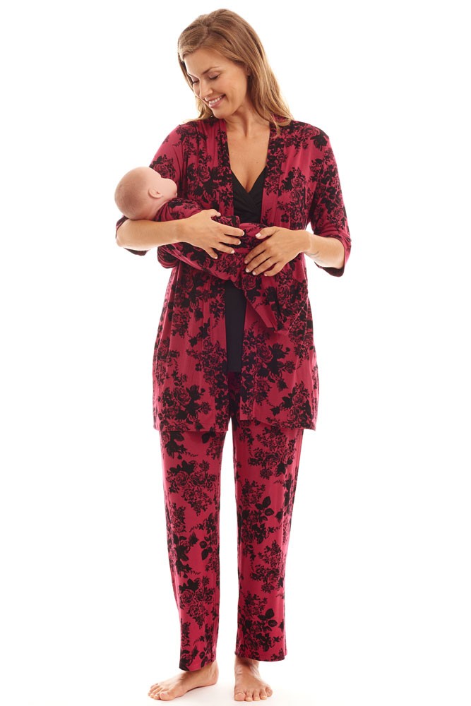 Roxanne 5 Piece Maternity and Nursing PJ Pant Set with Robe with Gown (Berry Floral)