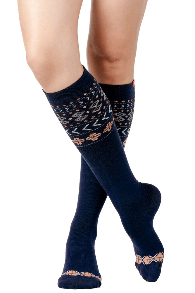 Vim & Vigr 15-20 mmHg Women's Stylish Compression Socks - Wool (Fair Isle Navy & Orange)