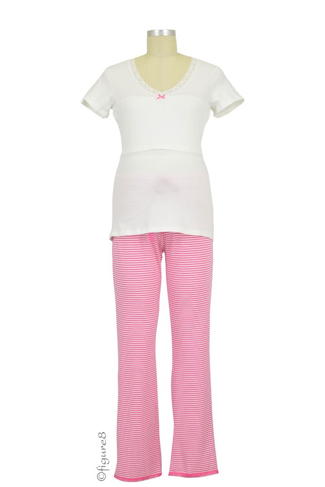Boob Design Short Sleeve Nursing PJ Set (Off-White/Fuschia Stripe)