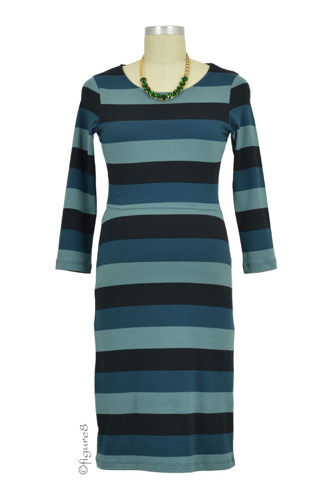 Boob Design Amy 3/4 Sleeve Organic Maternity & Nursing Dress (Multi-Stripe Green)
