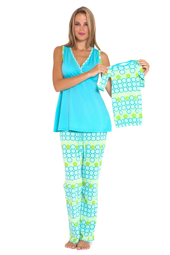 Rachel 4-Piece Nursing PJ Set with Baby Outfit and Gift Box (Blue)
