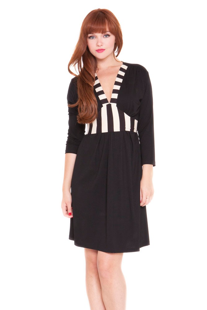 Emma Stripe Accent Maternity & Nursing Dress (Black with Stripes)