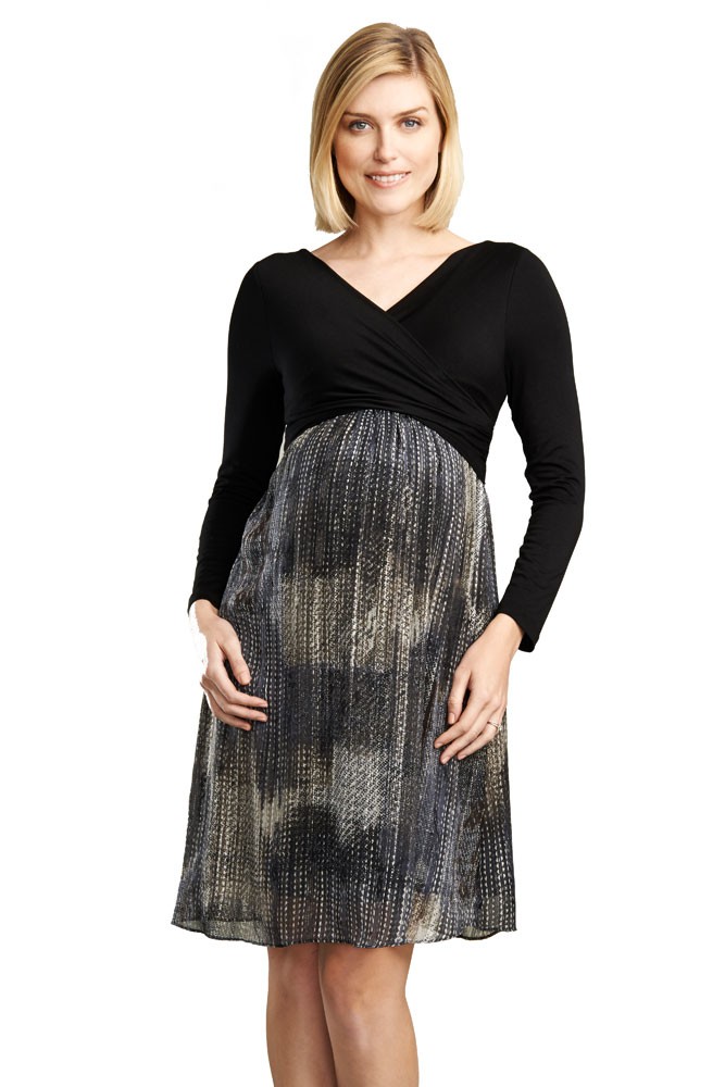 Karina Crossover Long Sleeve Nursing Dress (Black & Metallic Lurex Print)