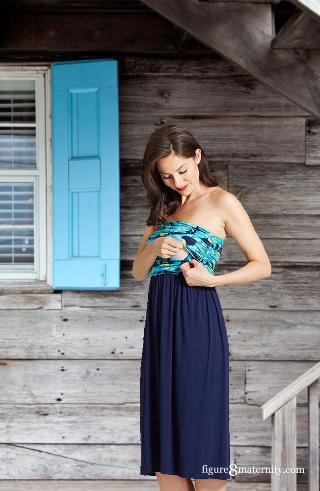 The MW Ruched Tube Colorblock Maternity & Nursing Dress (Navy with Painted Floral)