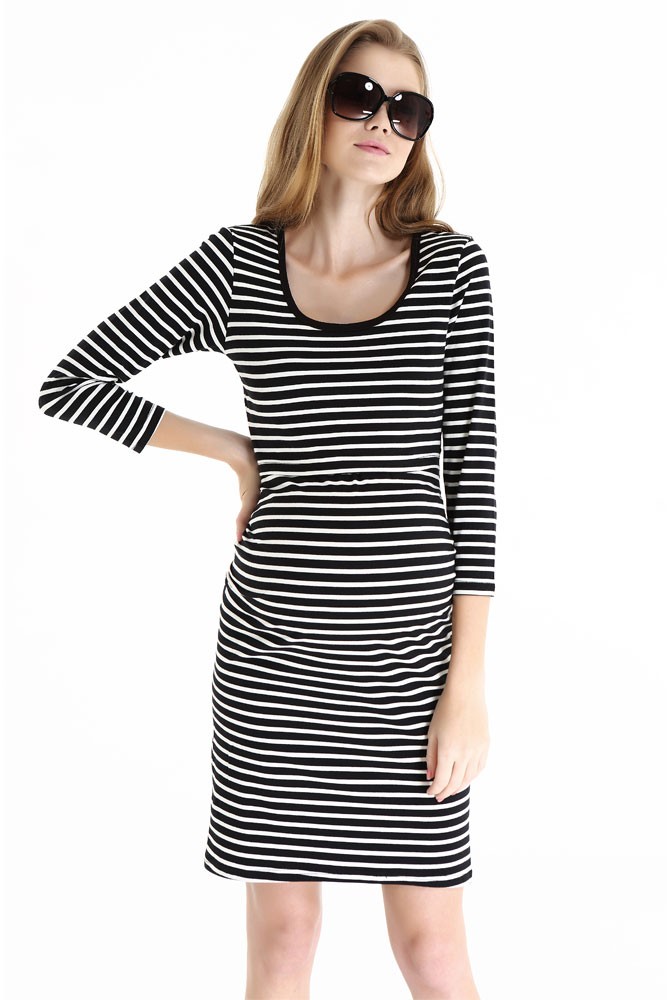 Angelina 3/4 Sleeve Striped Nursing Dress by Spring Maternity (Black Stripes)