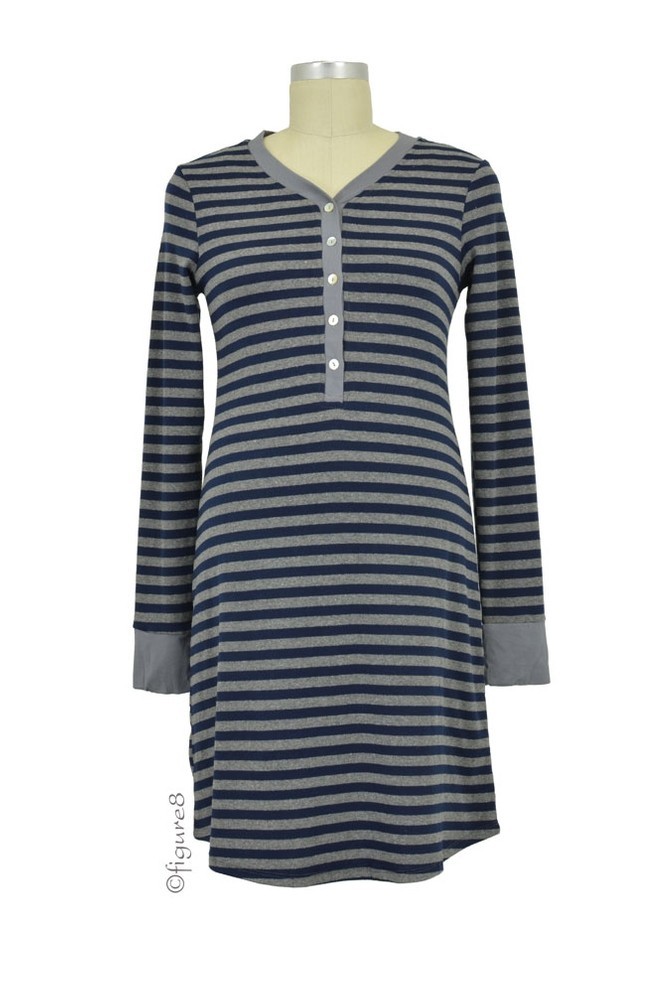 Stripes Long Sleeve Nursing Nightdress (Navy Stripes)