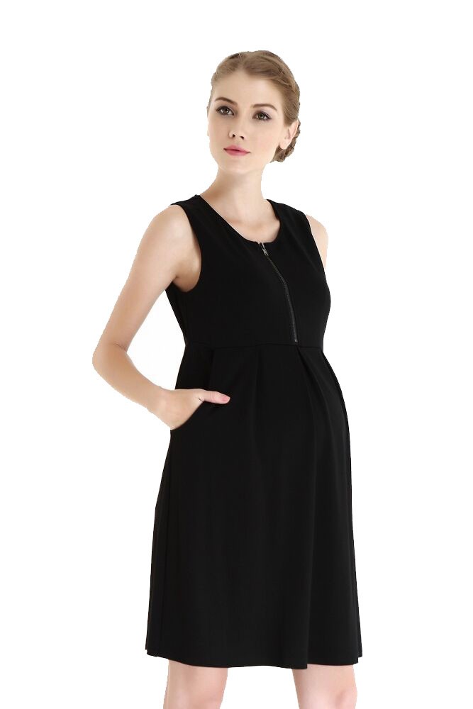 Spring Maternity Ponte Front Zip Maternity & Nursing Dress (Black)