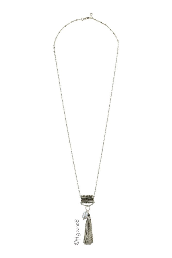 Silver Purse Tassle Necklace w/Faux Pearl (Silver)