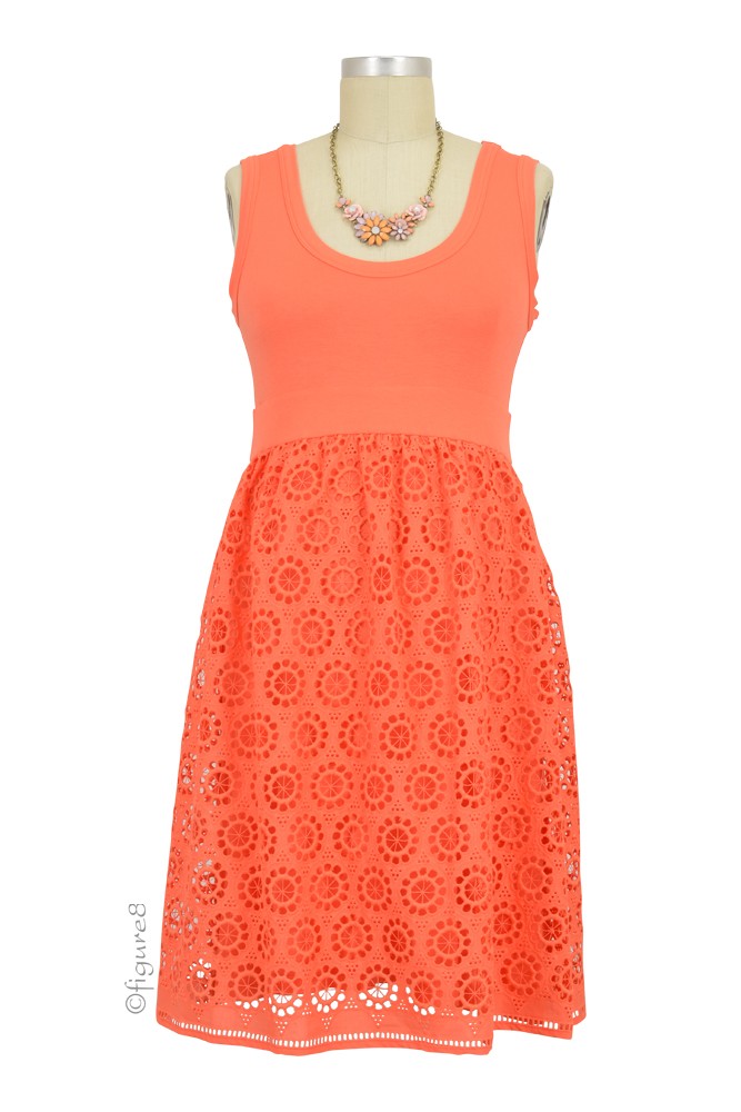 Olian Alexandra Eyelet Maternity Dress in Coral Eyelet