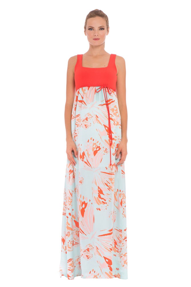 Olian Savannah Maxi Maternity Dress (Aqua & Orange Butterfly Print)