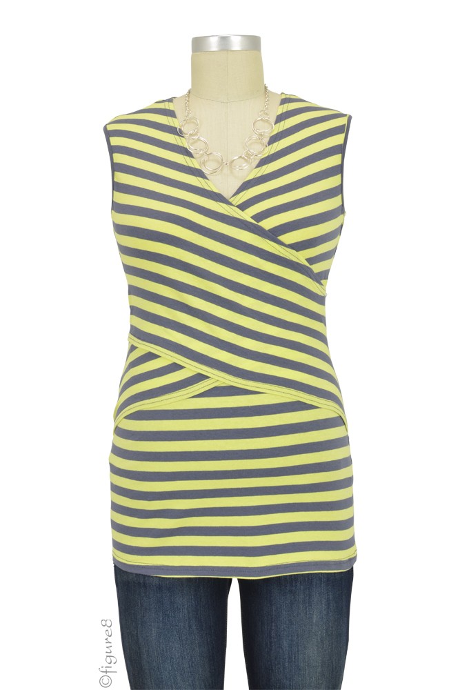 Millie Striped Cross Front Maternity & Nursing Top (Grey & Yellow)