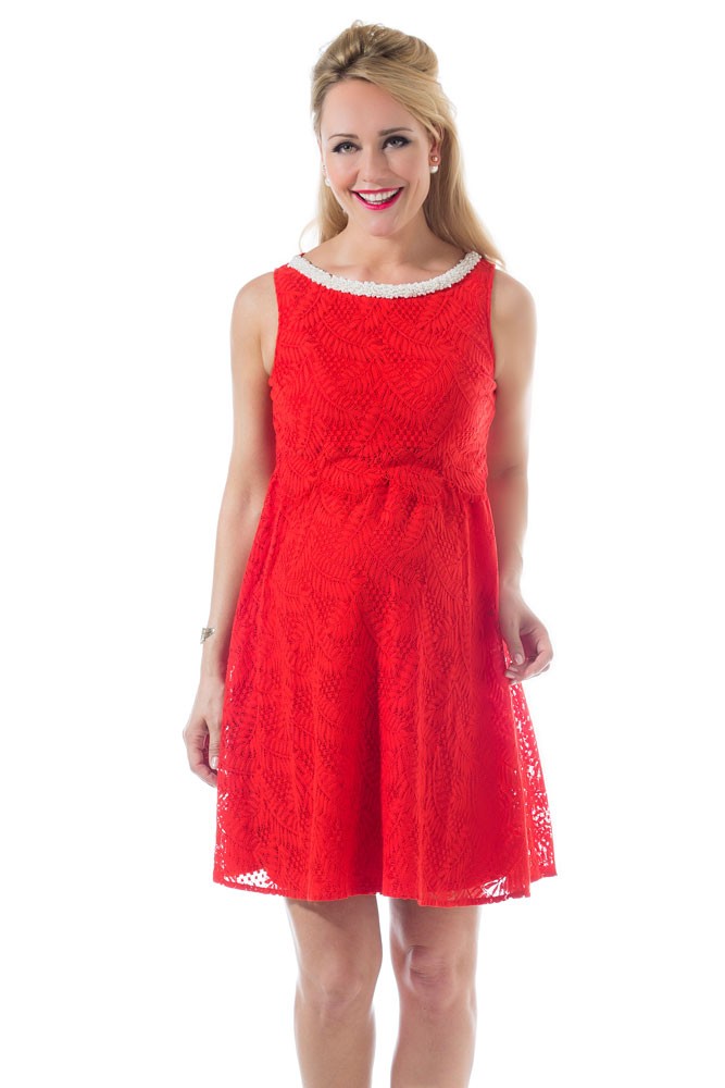 Cara Embellished Bateau Neckline Maternity & Nursing Dress (Aurora Red)