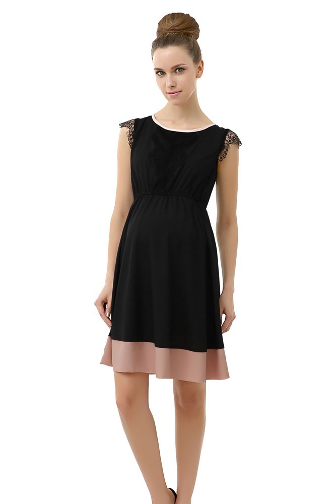 Zoey Lace Trimmed Colorblock Maternity Dress (Black with Blush Accent)