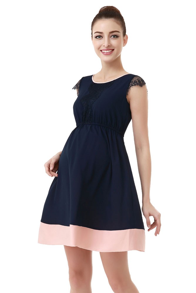 Zoey Lace Trimmed Colorblock Maternity Dress (Navy with Blush Accent)
