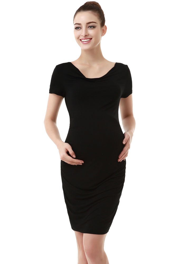 Cassie Cowl Neck Ruched Midi Maternity Dress (Black)