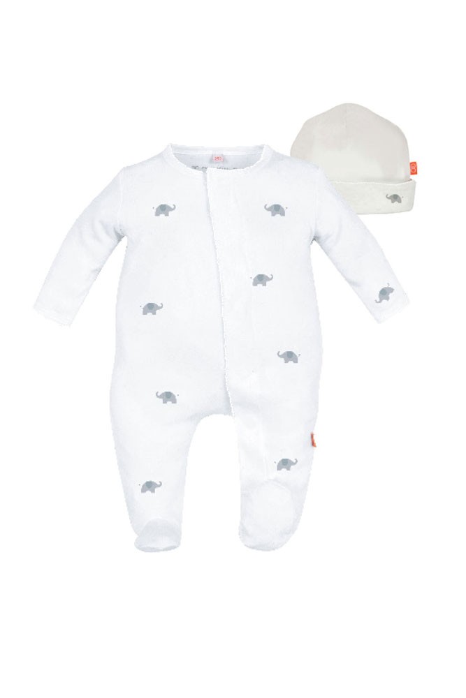 Magnetic Me™ by Magnificent Baby Cotton Darjeeling Elephant Footie & Hat Set (White)