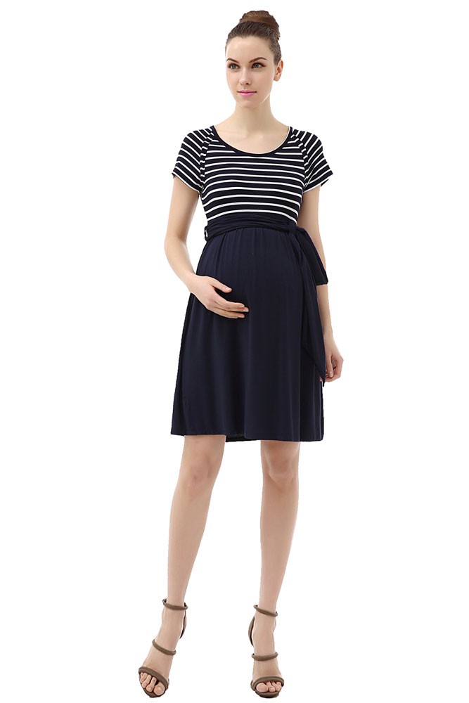 Alexia Scoop Neck Striped Belted Tie Maternity Dress (Navy/ Ivory)