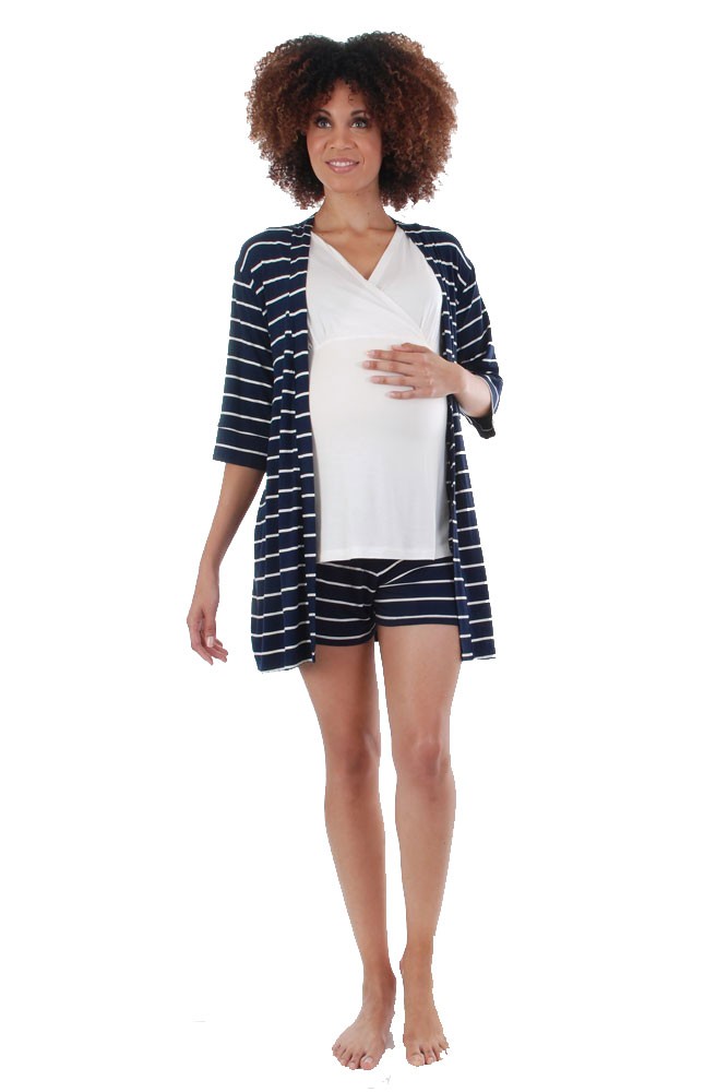Adalia 5-Pc Nursing PJ Short Set with Baby Gown & Gift Bag (Navy Stripe)