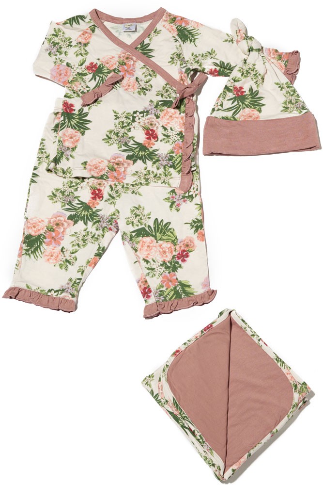Baby Grey 4-pc. Gift Set (Ruffled Kimono top & Pant, Cap & Blanket) (Beige Floral)