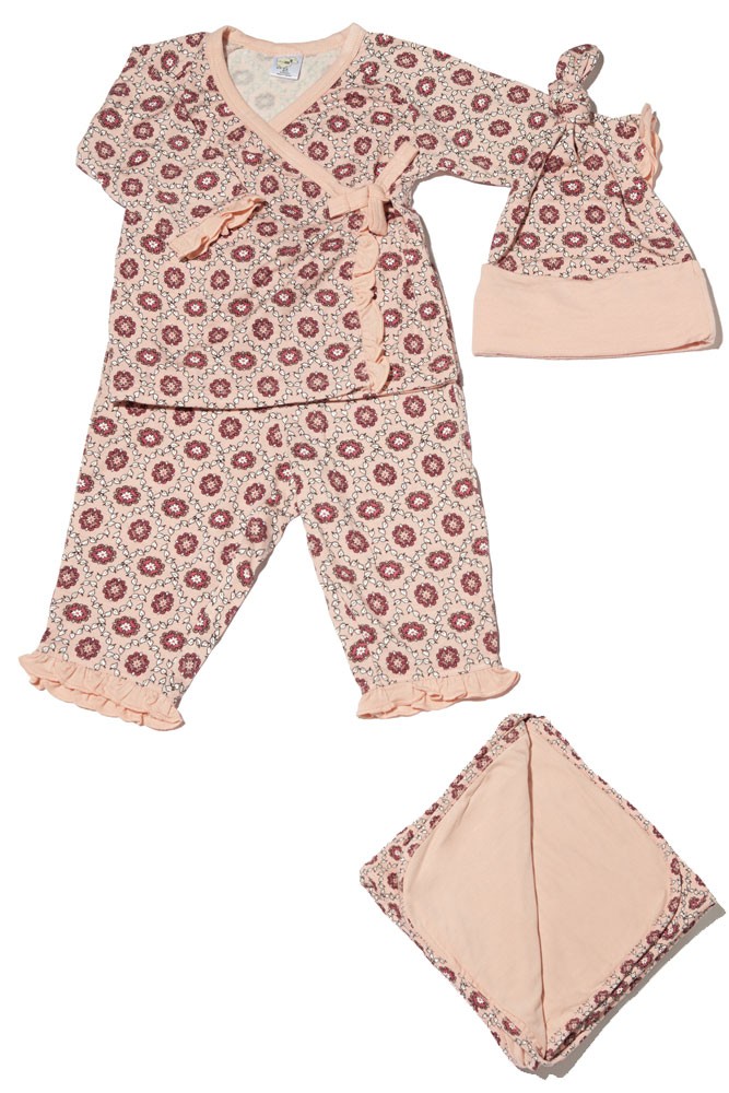 Baby Grey 4-pc. Gift Set (Ruffled Kimono top & Pant, Cap & Blanket) (Pink Blush)