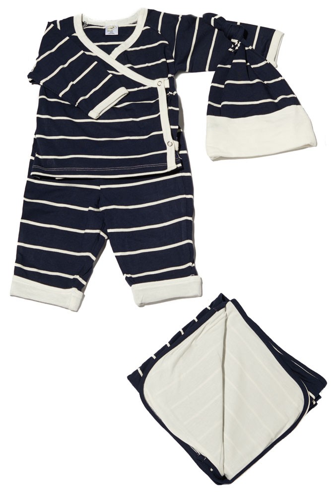 Baby Grey 4-pc. Gift Set (Kimono Top, Cuffed Pant, Cap, & Blanket) (Navy Stripes)