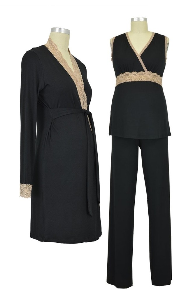 Baju Mama 3-pc. Emma Modal-Lace Sleeveless Nursing PJ & Robe Set (Black/Cream Lace)