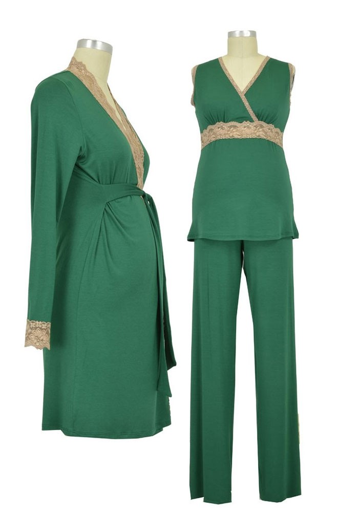Baju Mama 3-pc. Emma Modal-Lace Sleeveless Nursing PJ & Robe Set (Hunter Green/Cream Lace)