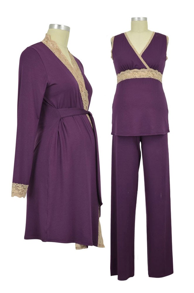 Baju Mama 3-pc. Emma Modal-Lace Sleeveless Nursing PJ & Robe Set (Eggplant/Cream Lace)