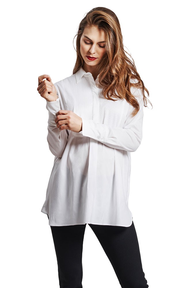 Slacks & Co. Victoria Tuxedo Stretch Cotton Maternity Shirt (White)