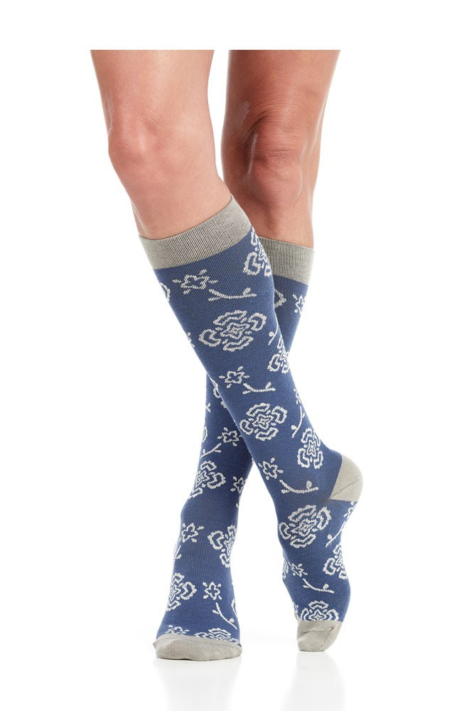 Vim & Vigr 20-30 mmHg Women's Stylish Compression Socks - Cotton (Blue & Charcoal Queens Floral)