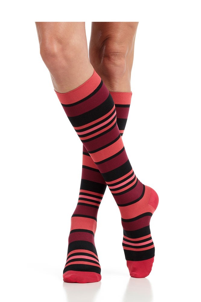 Vim & Vigr 20-30 mmHg Women's Stylish Compression Socks - Nylon (Coral & Black Fun Stripes)