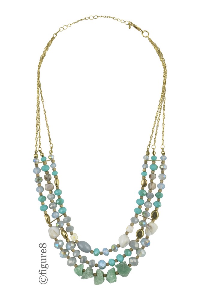 Gold Chain & Mult-Layered Beaded Necklace (Gold/Blue)