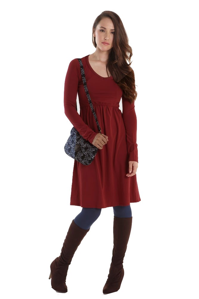 Avery Organic Must-Have Long Sleeve Nursing Dress (Dark Red)