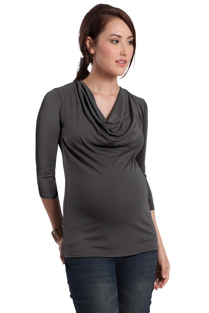 Bamboo Cowl Neck 3/4 Sleeve Maternity & Nursing Tee by Mothers en Vogue (Graphite)