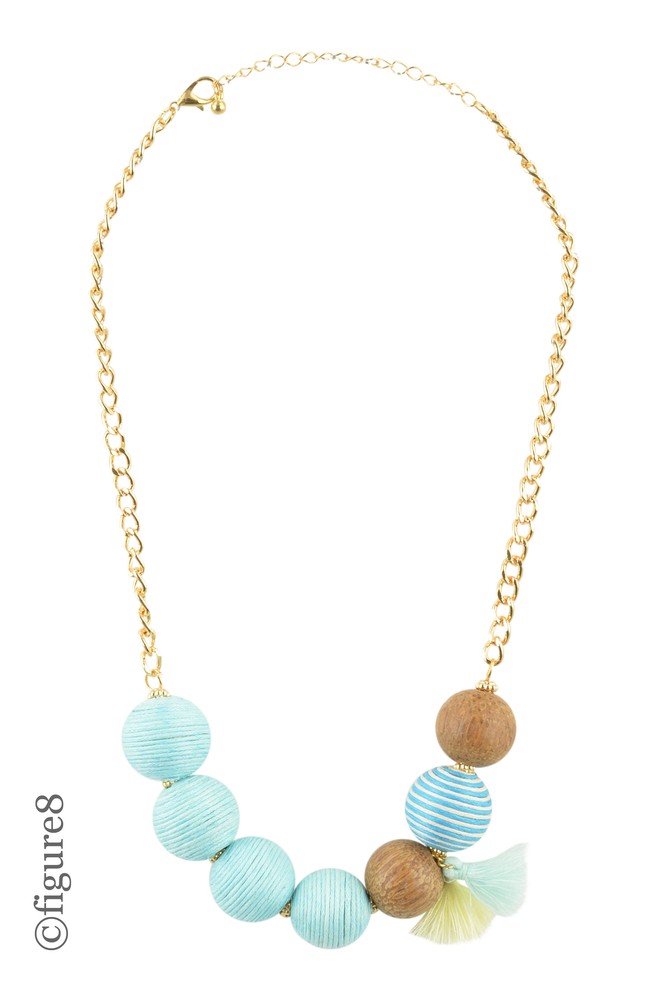 Circular Beaded Necklace with Pom Pom (Blue)