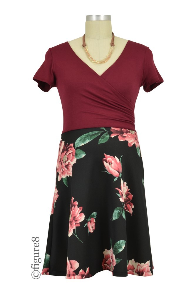 Ashley Floral Scuba Knit A-Line Short Sleeve Dress (Burgundy Floral)