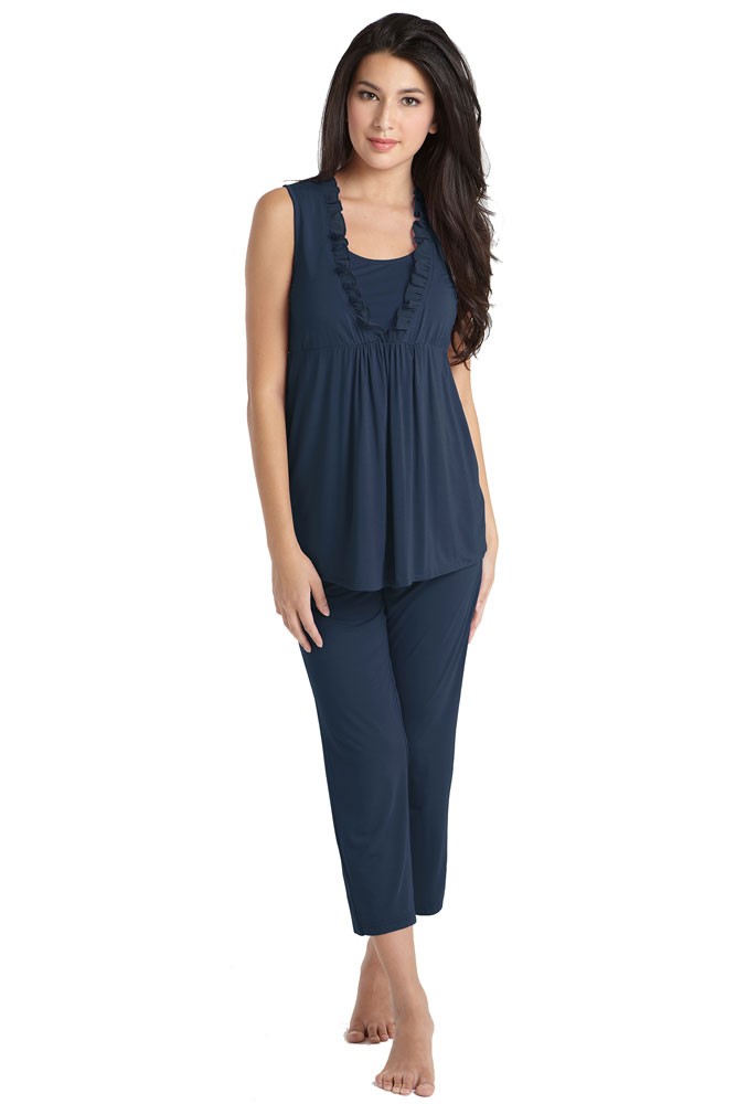 Chiffon Trim Bamboo Maternity & Nursing PJ Set with Robe (3 pc.) in Navy by  Mothers en Vogue
