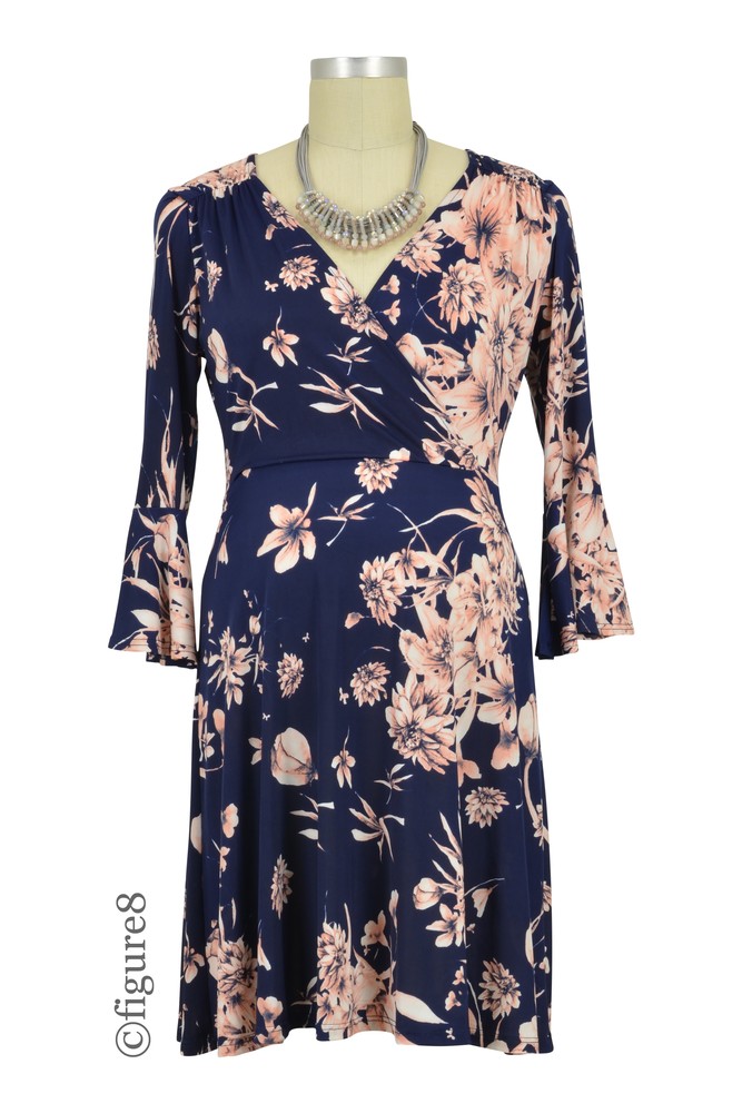 Mira Flare Sleeve Nursing Friendly Floral Print Dress (Navy - Peach)