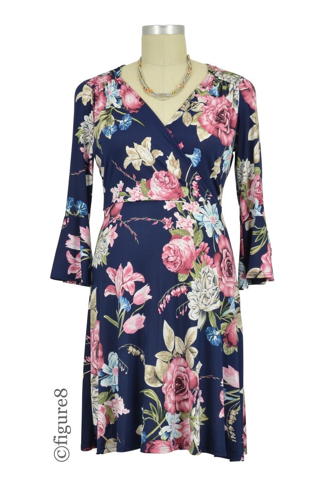 Mira Flare Sleeve Floral Print Dress (Navy Pink Floral)