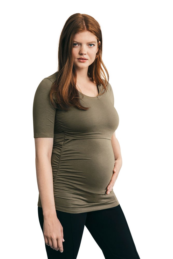 Boob Design Flatter Me Ruched Short Sleeve Maternity & Nursing Top (Olive Leaf)