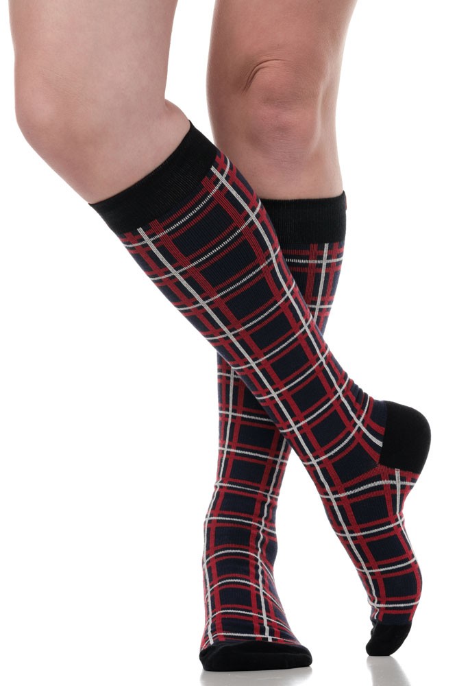 Vim & Vigr 15-20 mmHg Women's Stylish Compression Socks - Merino Wool (Box Plaid: Indigo & Scarlet)